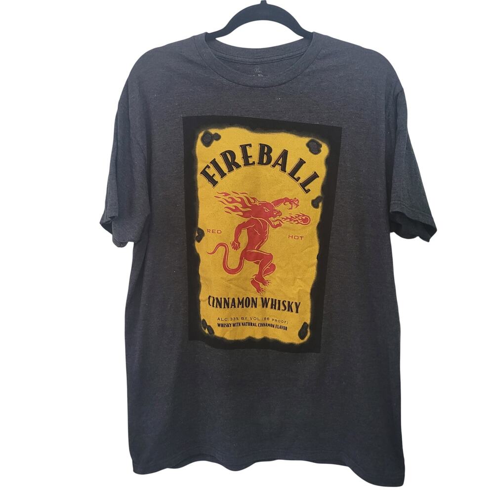 Fireball‎ Whiskey Size XL Graphic Tee Grey Red Yellow Crewneck Basic Branded